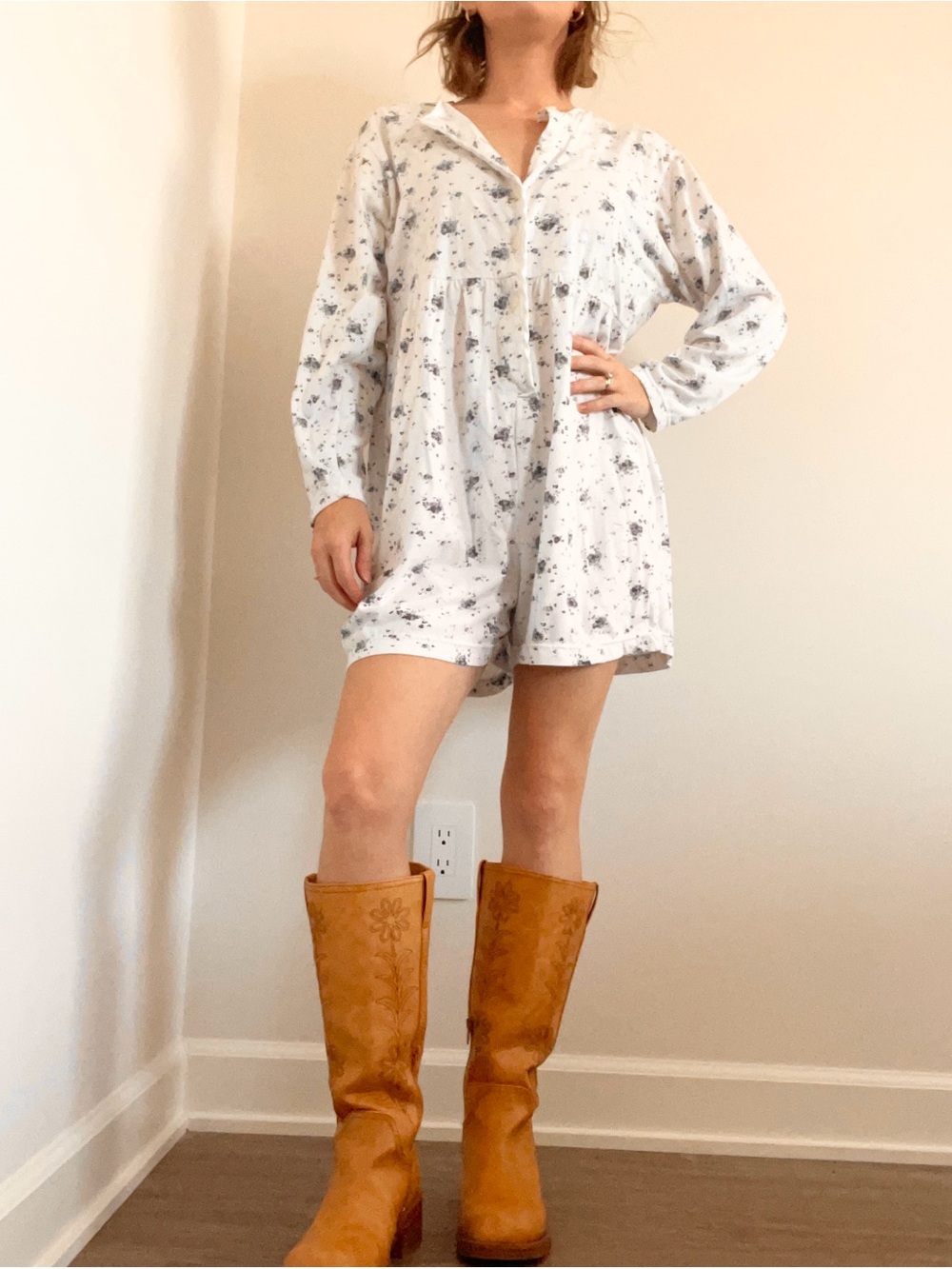 Vintage Blue Floral Long Sleeve Cotton Romper